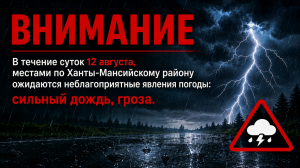 В течение суток 12 августа, местами по Ханты-Мансийскому району ожидаются неблагоприятные явления погоды: сильный дождь, гроза.